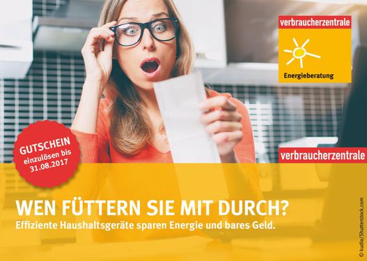 Gegen Vorlage des Beratungsgutscheines erhalten alle Ratsuchenden bis zum 31. August 2017 eine kostenfreie Energieberatung zu strom-sparenden Haushaltsgeräten.